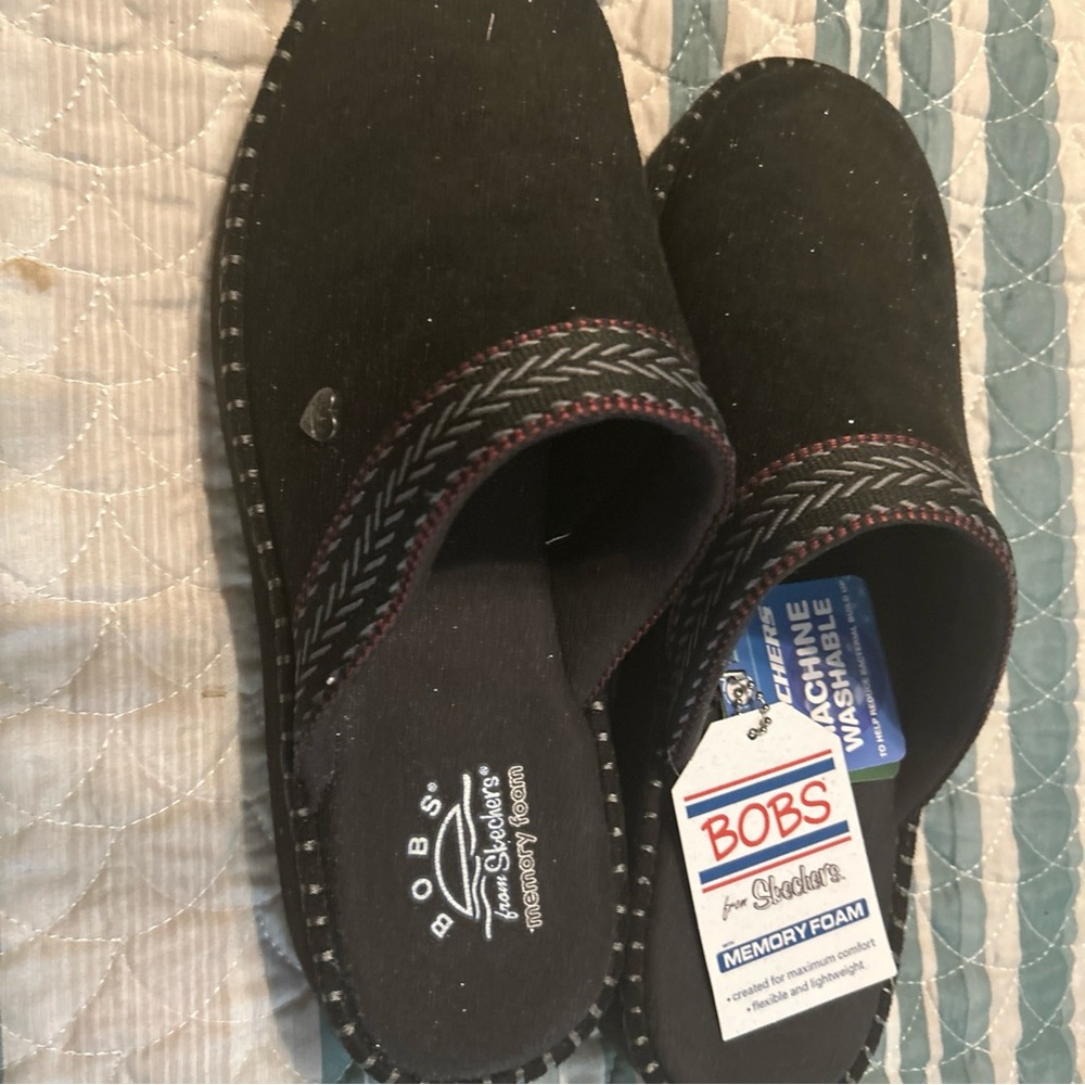 BOBS from Skechers Black Mules with Red Stitching